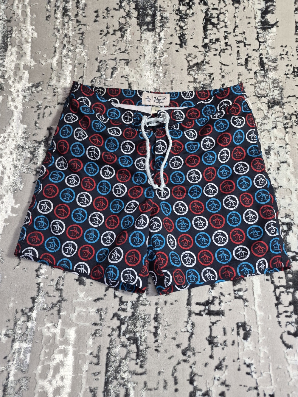 Original Penguin Navy Swim Shorts with Red & Blue Logo Circles